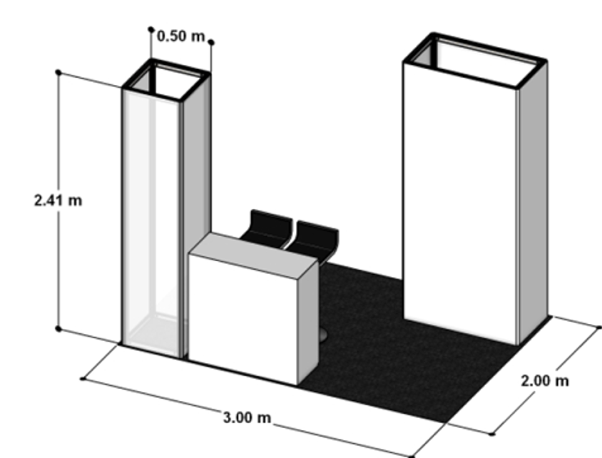 Diagrama del espacio de exhibición Oro: superficie de 3 × 2 m con torre de tela translúcida de 2,41 m de alto, fondo de 1 × 2,41 m, mostrador de 1 × 1 m y una silla de cóctel
