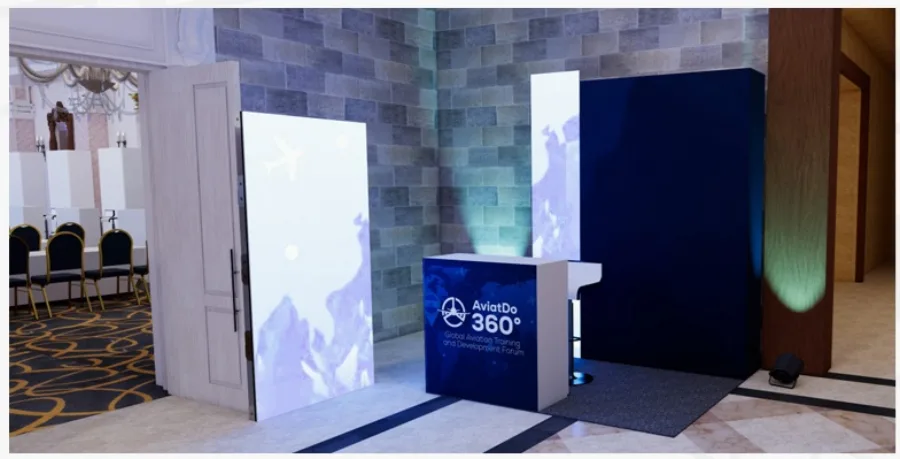 Render del espacio de exhibición Premium con la marca de AviatDO 360°