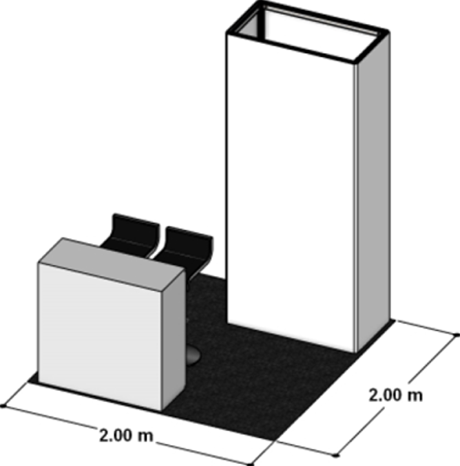 Diagrama del espacio de exhibición Plata: superficie de 2 × 2 m con fondo, mostrador y silla de cóctel