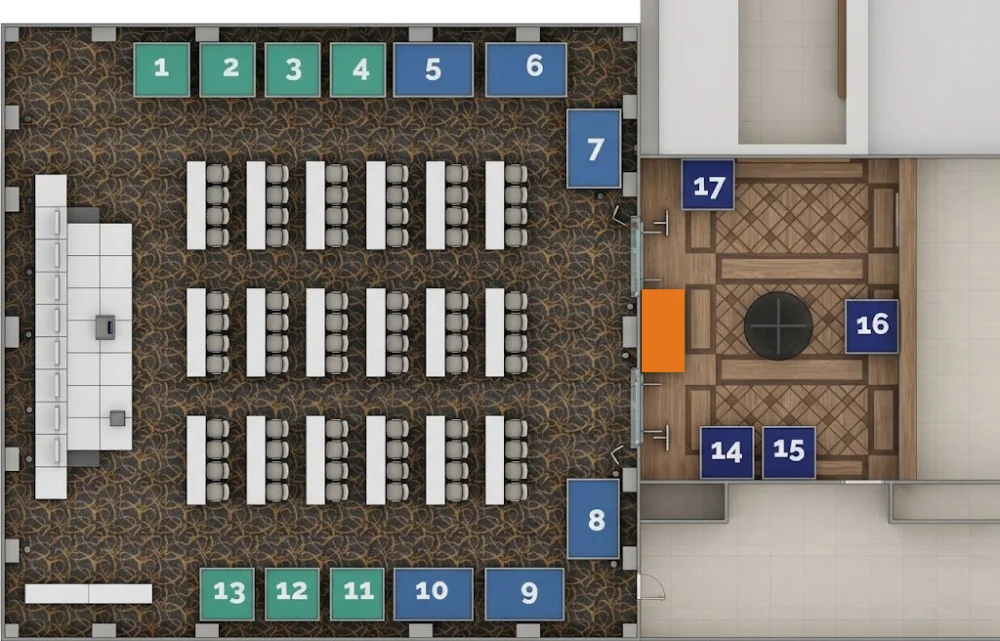 Plano del piso del foro mostrando la ubicación numerada de los stands Plata, Oro y Premium junto al área de registro